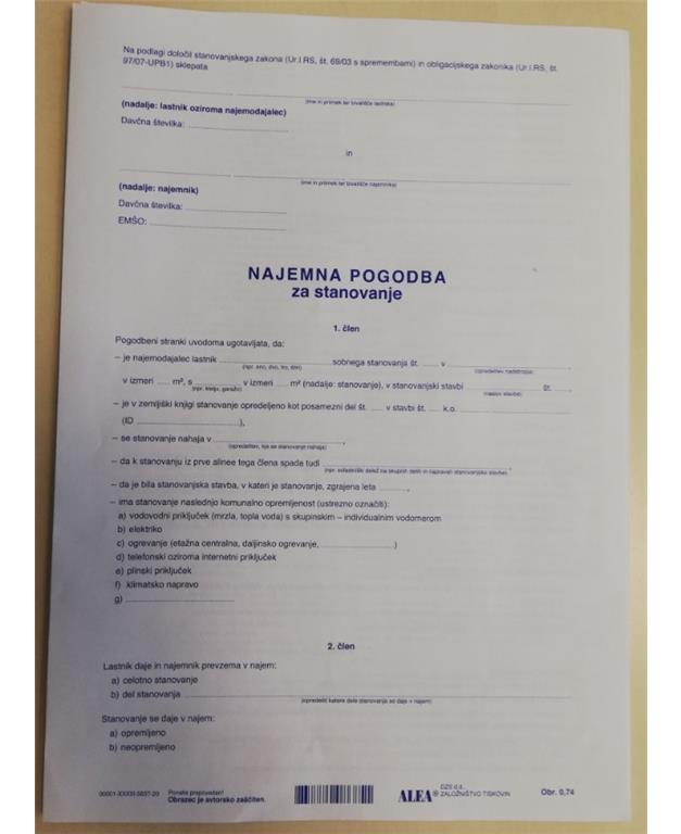 OBR. 0,74 NAJEMNA POGODBA ZA STANOVANJE