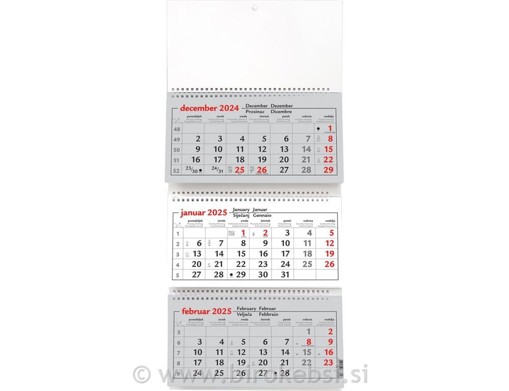 KOLEDAR 3-DELNI ŠPIRALNI SIV-RDEČ 2026