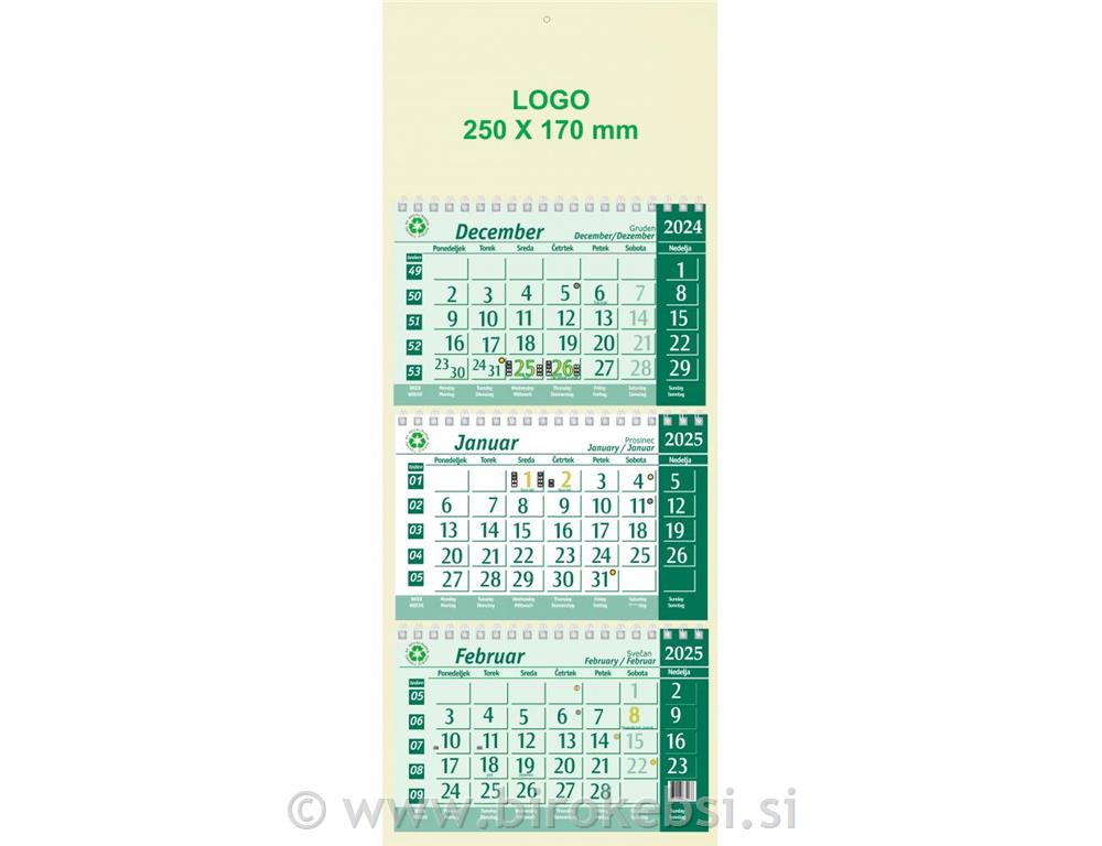 KOLEDAR 3-DELNI LEPLJENI ZELEN eko 2025